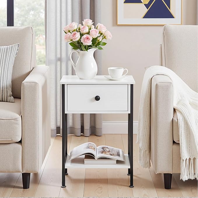 VECELO Night Stand with Drawer, 2 Tiers Storage Shelves End Table, Small Side Table for Small Spaces,Night Stand for Living Room, Bedroom, White