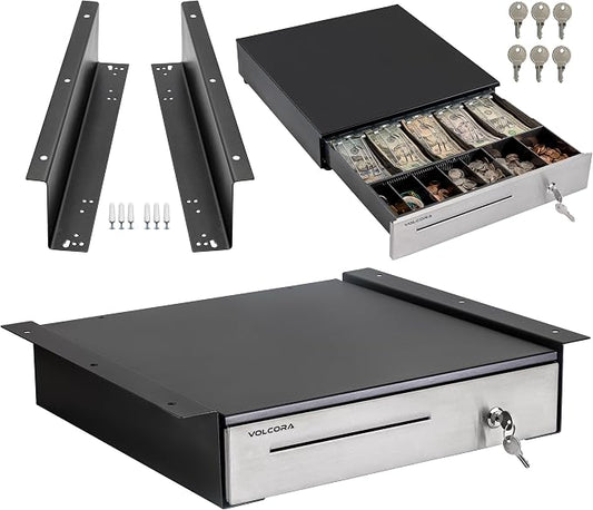 Volcora Cash Register Drawer with Under Counter Mounting Metal Bracket - 16 Black - Stainless Steel Front for POS, 5 Bill 6 Coin Removable Compartment, 12-24V RJ11/RJ12 Key-Lock, Media Slot