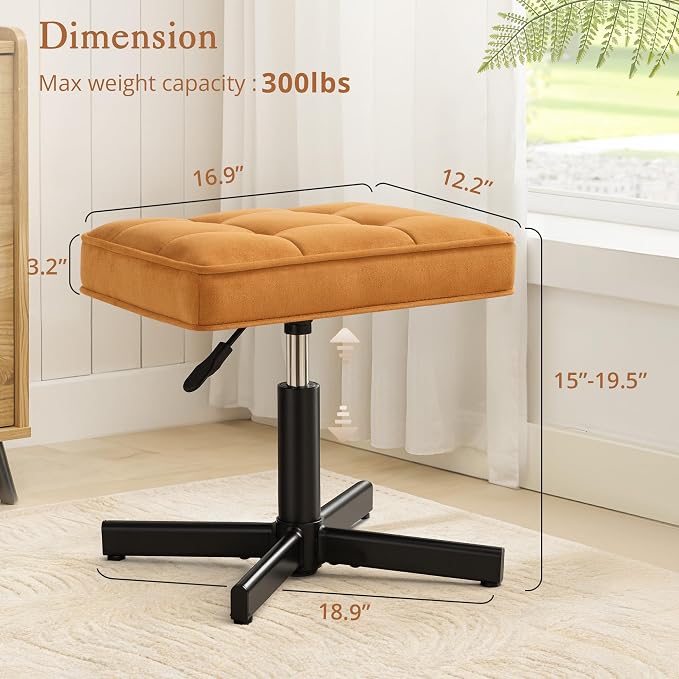 LUE BONA Adjustable Vanity Stool, 15''-19.5'' Foot Rest Under Desk, 360° Swivel Vanity Chair for Makeup Room, Ginger Yellow Upholstered Faux Leather Ottoman for Bathroom & Living Room, 300lbs