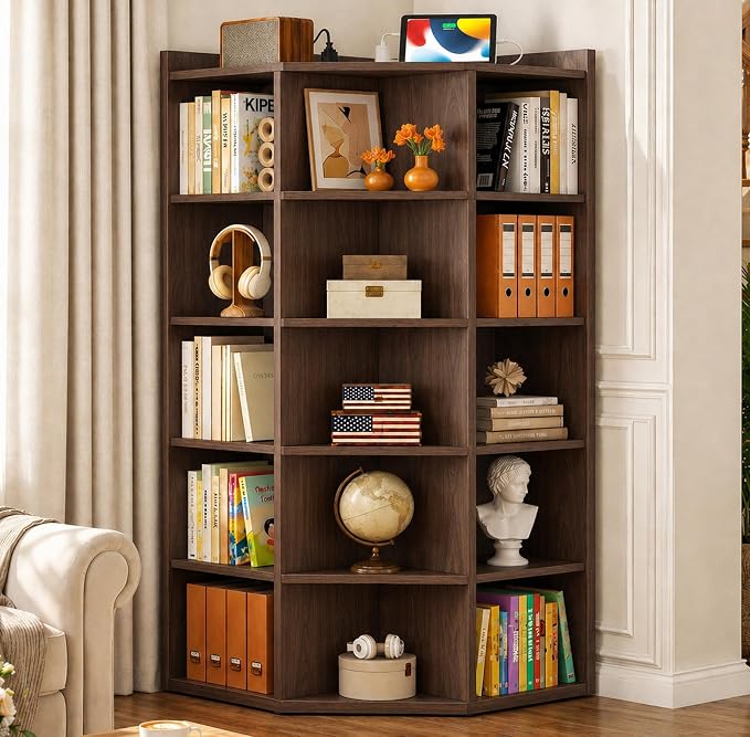 Aheaplus 6-Tier Corner Cube Bookshelf with Power Outlets, Wooden Corner Storage Cabinet with 15 Cubes, Corner Cube Organizer Shelf with Top Table, L Shaped Cubby Bookcase for Home Office, Black Walnut