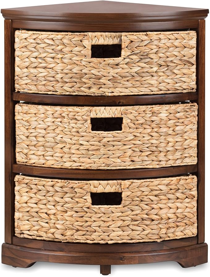 eHemco Hampton Meadows 3 Tier X-Side Corner Table Storage Cabinet with 3 Wicker Baskets, Walnut