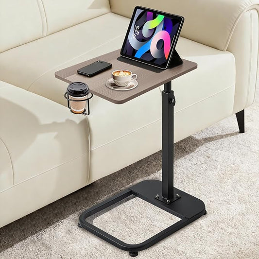 facka Adjustable Gray TV Tray Table with Rounded Metal Corners, C-Shaped Snack Table for Couch, Sofa, Bed or Chair, Small Space Side Table for Eating, Dinner, or Laptop Use