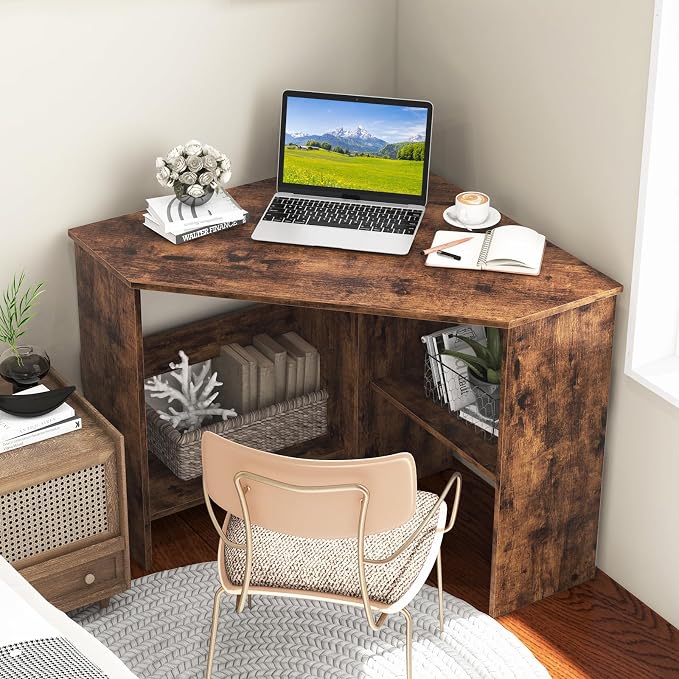 HOMGX Corner Computer Desk, Triangle Desk with Storage Shelves, Small Corner Desk for Small Spaces, Corner Vanity Desk for Home, Bedroom, Living Room, Office (Coffee)