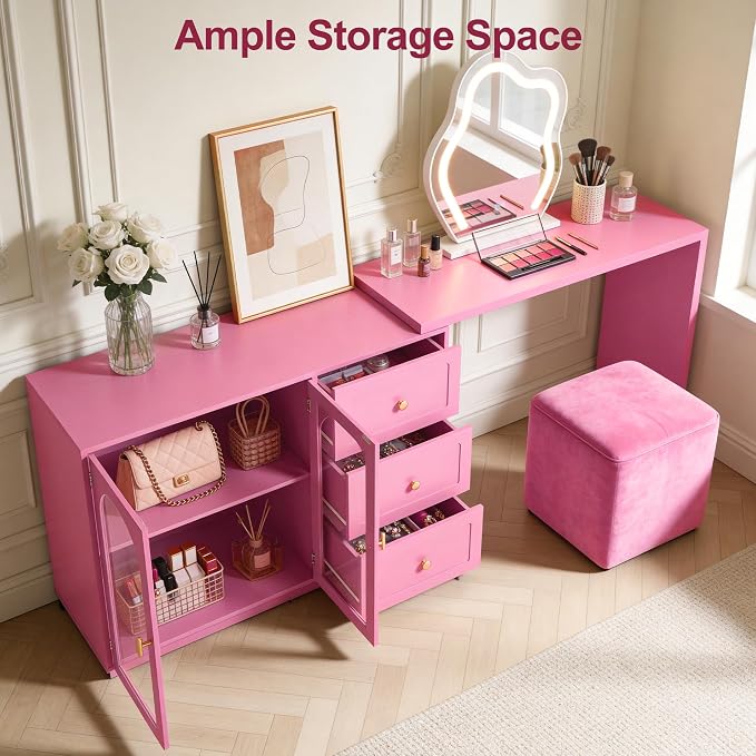 RoyalCraft 83" Makeup Vanity Desk, Pink Vanity Dresser, L Shaped Corner Vanity Table with 3 Drawer & 2 Door, Modern Extendable Dressing Table for Bedroom, Dressing Room, Small Space (Without Mirror)