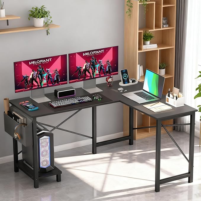 Dkelincs 50-Inch L Shaped Desk, Corner Computer Desk & Gaming Desk for Home Office and Dorm, Sturdy Writing Workstation with CPU Stand and Side Storage Bag (Black)