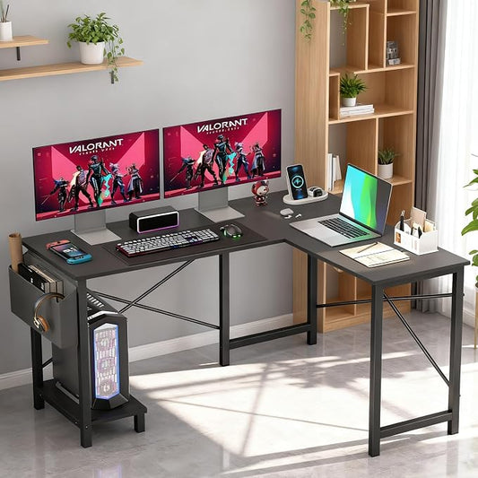 Dkelincs 50-Inch L Shaped Desk, Corner Computer Desk & Gaming Desk for Home Office and Dorm, Sturdy Writing Workstation with CPU Stand and Side Storage Bag (Black)