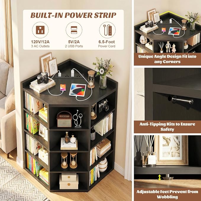 Aheaplus 5-Tier Corner Cube Bookshelf with Power Outlets, Wooden Corner Storage Cabinet with 12 Cubes, Corner Cube Organizer Shelf with Top Table, L Shaped Cubby Bookcase for Home Office, Black