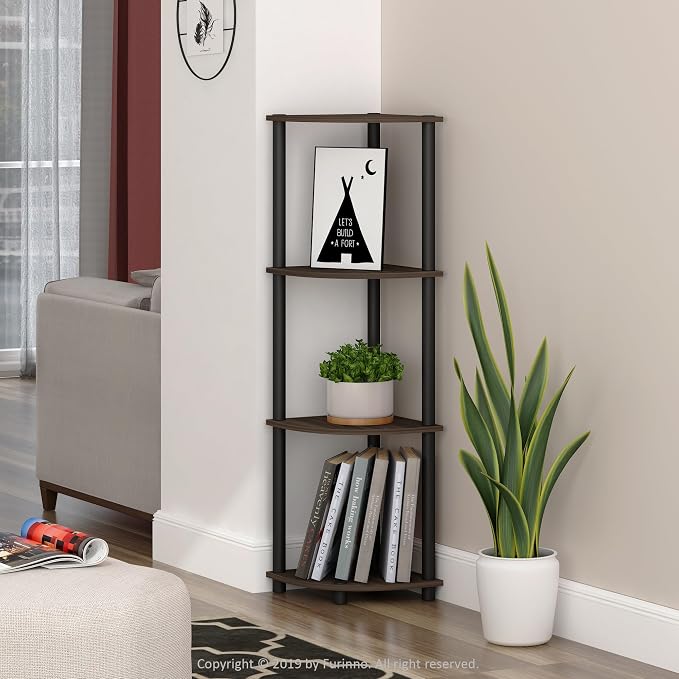 Furinno Turn-N-Tube Toolless Assembly 4-Tier Corner Shelf, Rustic Brown Corner Book Shelf, Open Shelves Bookshelf, for Organization and Storage, Living Room, Home Office, Bedroom, Brown Walnut