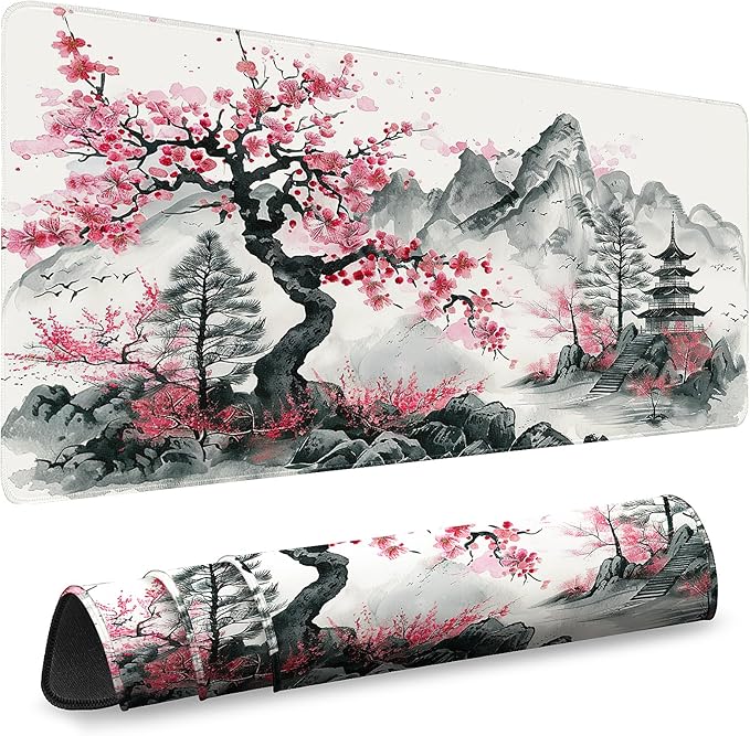 Gaming Desk Mat with Silky Smooth Surface & Exquisite Patterns,31.5x11.8 Inches Large-Sized Mouse Pad, Perfect for Extended Gaming,Work,and Home Office Decor (Japanese Ink Painting)