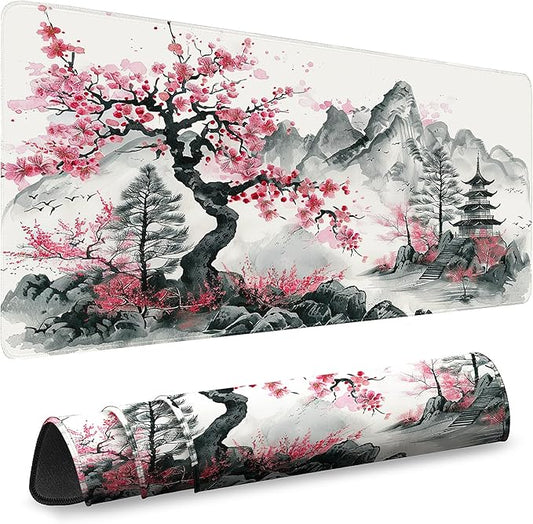 Gaming Desk Mat with Silky Smooth Surface & Exquisite Patterns,31.5x11.8 Inches Large-Sized Mouse Pad, Perfect for Extended Gaming,Work,and Home Office Decor (Japanese Ink Painting)