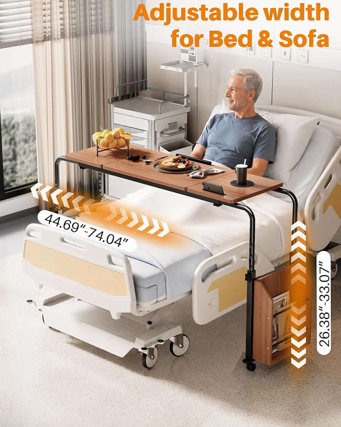 Laptop Desk for Bed,6-Angle Adjustable Overbed Table with Wheels,Adjustable Height and Length Bed Table for Laptop with Side Bookshelf,Standing Desk,Over Bed Desk for Working Hospital Home (Oaken)