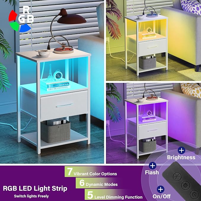 TUTOTAK LED Nightstand Set of 2, Night Stand with Charging Station, End Table, Bedside Table with Fabric Drawer, Side Table for Livingroom and Bedroom, Whtie TB01BW0692L