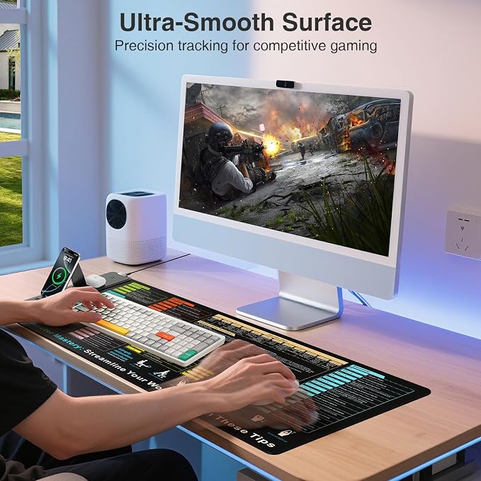 Wireless Charging Mouse Pad with Foldable Phone Holder, 31.5"x15.8" XXL Excel Cheat Sheet Desk Mat for Laptop/Keyboard, Waterproof Ultra-Smooth Surface, Non-Slip Base