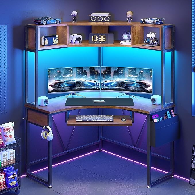SEDETA Corner Desk, 39" W x 62" H Small Office Desk with Hutch & LED Lights, Triangle Gaming Computer Desk with Keyboard Tray, Storage Bag, and Headphone Hook for Small Space, Rustic Brown