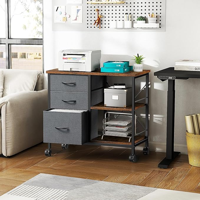 OLIXIS 3-Tier Printer Stand with Fabric Storage Drawer, Rolling Printer Cart with Lockable Wheels and Metal Frame, Under Desk Table with Open Storage Shelf for Small Spaces, Home, Office, Gray