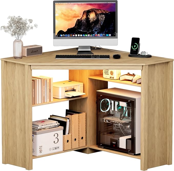 Corner Desk with Charging Station & LED Light, Triangle Corner Desk with CPU Stand & Storage Shelves, Gaming Computer Desk for Home Office