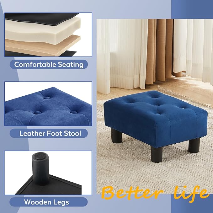 Small Foot Stool Ottoman, Velvet Footstool Ottoman Foot Rest for Couch, Rectangle Footstools and Ottomans Small for Living Room, Entryway and Bedroom (Blue)