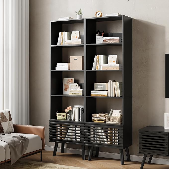 Furnify Open Shelf Cube Bookcase, 68" Tall Freestanding Bookshelf, Slatted Door Narrow Corner Bookcase with 5 Cubes, Mid-Century Modern Display Storage Cabinet for Living Room, Home Office, Black