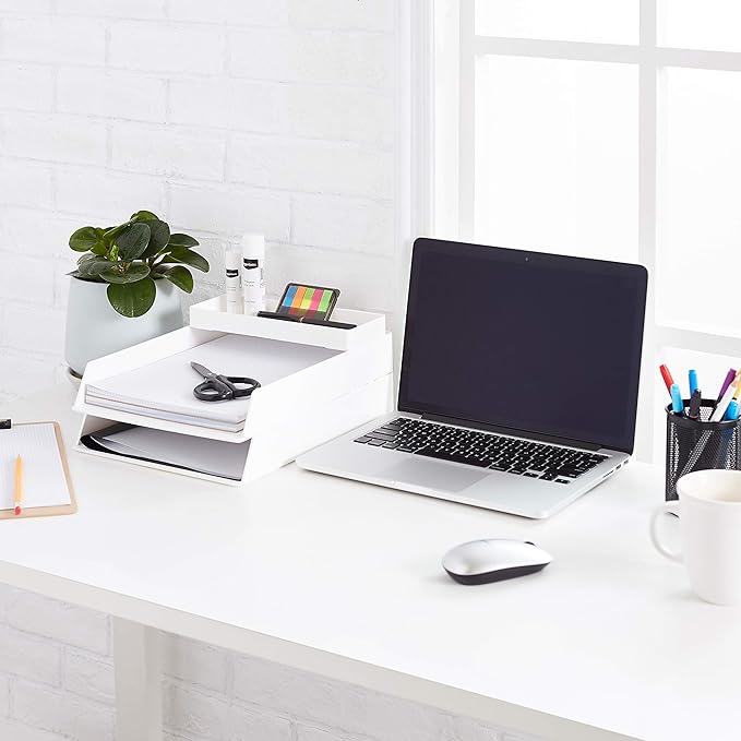 Amazon Basics Rectangular Plastic Desk Organizer, Half Accessory Tray for Office Supplies and Workspace Organization, 9.4" x 3.3" x 1", White (Pack of 2)