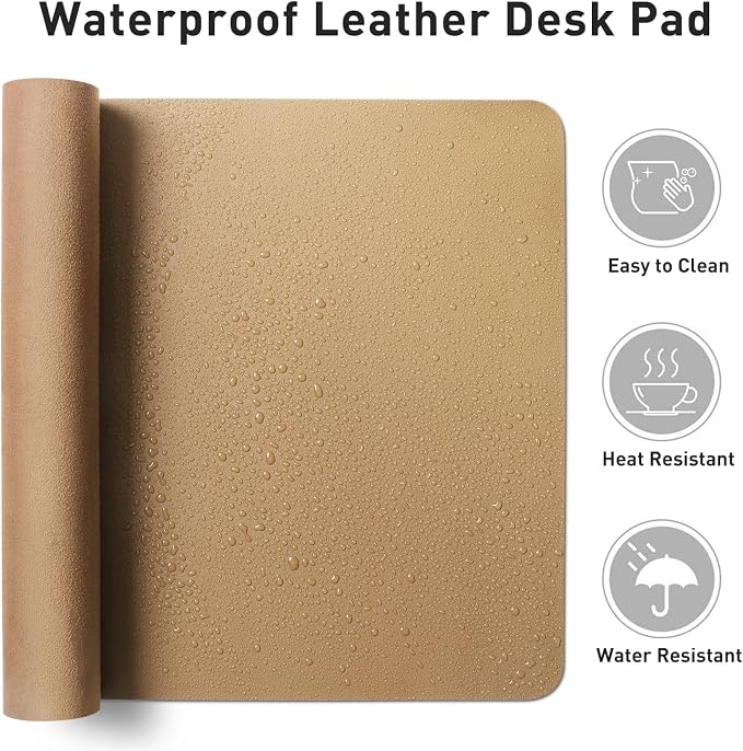 Aothia Faux Leather Desk Mat for Keyboard & Mouse (Khaki, 31.5" x 15.7") | Large desk mat for keyboard, mouse and laptop, creating a clean, organized workspace for work, study and everyday use