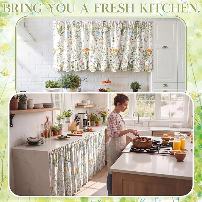 VitalCozy Cabinet Curtain 28" W x 51" L Sink Skirt for Bathroom Kitchen Wildflower Botanical Ruffles Spring Short Curtain for Home Classroom Farmhouse Drape Under Desk Privacy Drape for Laundry Room