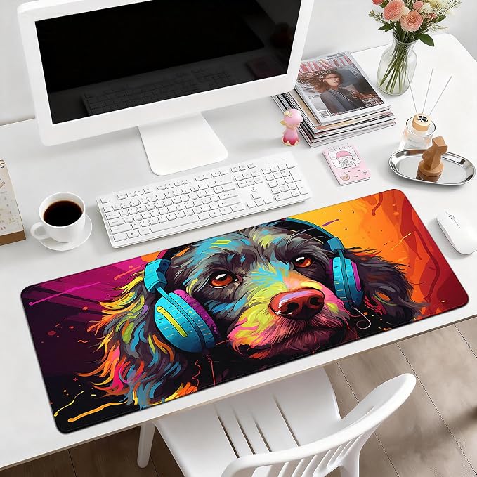 Gaming Desk Mat with Silky Smooth Surface & Exquisite Patterns,31.5x11.8 Inches Large-Sized Mouse Pad, Perfect for Extended Gaming,Work,and Home Office Decor (Cool Dog Head 1)