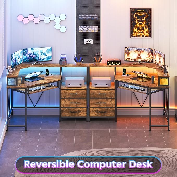 YOMILUVE Corner Desk with Power Outlets, Small Computer Desk with Drawers & Printer Shelf, Triangle Gaming Desk with LED Lights, Keyboard Tray and Monitor Stand for Small Space, Rustic Brown