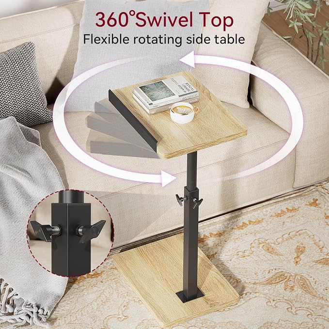 IBUYKE C Shaped Side Table, Angle Adjustable, 360° Swivel Height Adjustable End Table for Small Spaces, for Phone Computer & Tablet, Modern Small Coffee Snack Table for Sofa/Bed, Natural UTVT004R