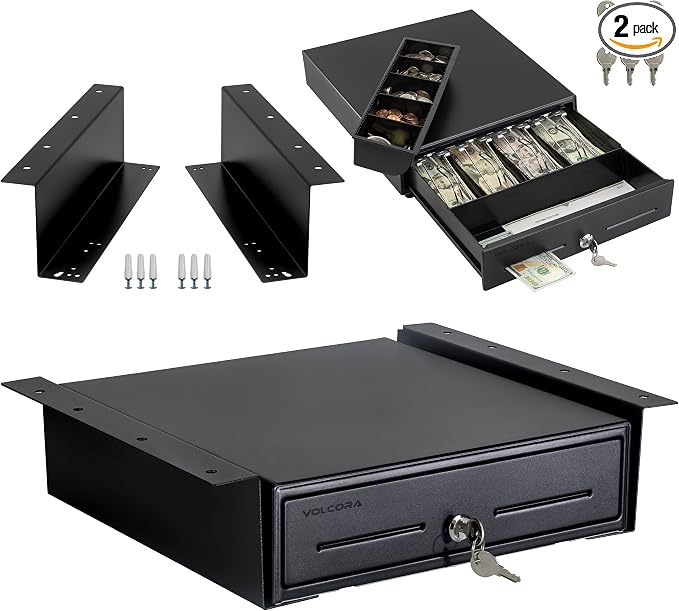 Volcora 13" Electronic Cash Register Drawer with Under Counter Mounting Metal Bracket - POS, 4 Bill 5 Coin Cash Tray, Removable Coin Compartment, 12-24V RJ11/RJ12 Key-Lock, Media Slot, Black