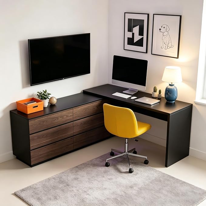 Retractable L-Corner Computer Desk with 6 Organizer Drawers for Games, Make-up, Home Office, Walnut