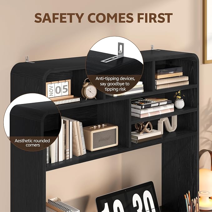 5-Tier Desk Shelf, 37.4''W Desktop Bookshelf for Computer Monitor, Desktop Organizer Shelf Storage Rack with 6 Cubbies, 5-Level Desk Hutch Display Rack for Home, Office, Dorm, Vanity, Black