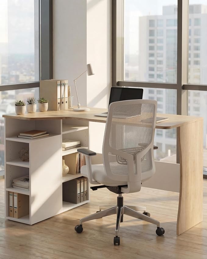 IDEALHOUSE L Shaped Desk with Storage Shelves, Small Corner Desk for Small Spaces, Reversible Table with 3 Tier Shelves, Home Office, Writing Study Gaming Desk Oak Wood