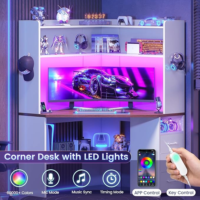 SEDETA 31.5" Corner Desk for Small Space, Farmhouse Small Corner Desk with Hutch & 3 Drawers, Corner Computer Desk with Storage Shelves & LED Lights for Home Office, White + Brown