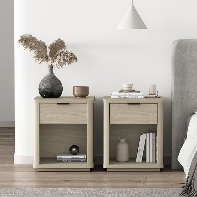 Manhattan Comfort Evelyn Nightstands Set of 2 with Full Extension Drawer and Open Shelf – Modern Bedroom Night Stand or Living Room Side Tables with Storage – Easy Assembly, Natural