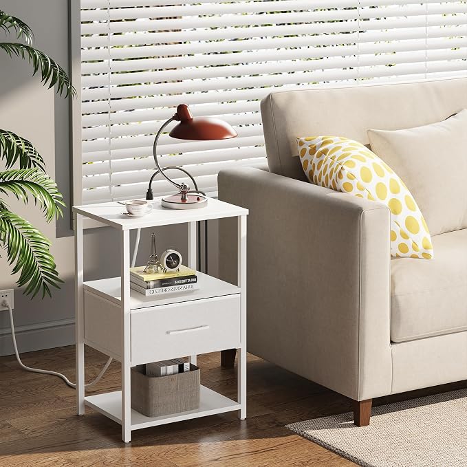 TUTOTAK Nightstand Set of 2, Night Stand with Charging Station, End Table, Bedside Table with Fabric Drawer, Side Table for Livingroom and Bedroom, White TB01BW0692