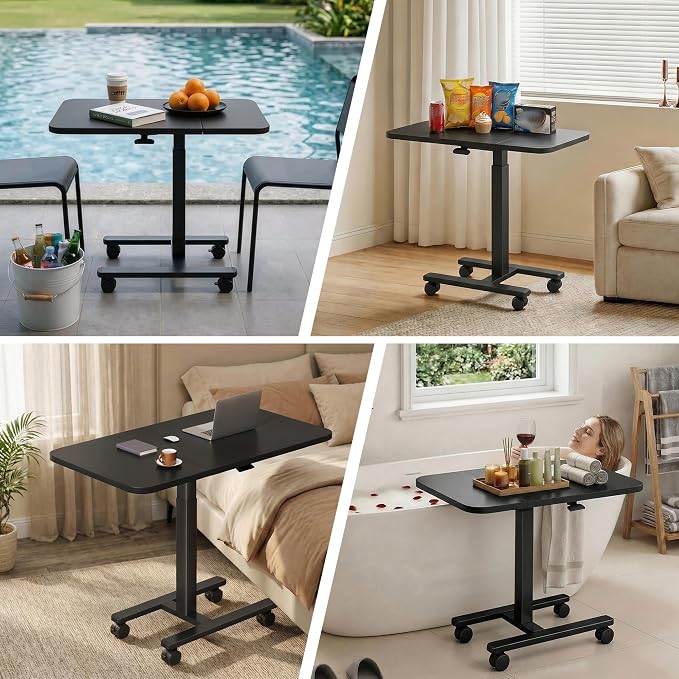 Homkdom C Shaped Table with Wheels, Side End Table with Extended Desktop, Adjustable Rolling Desk for Small Space, Dorm, Height Adjustment (29.5"-44"), Black