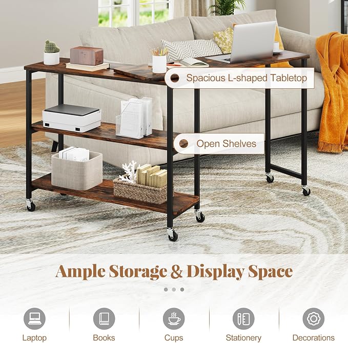 Tangkula Large 360° Free Rotating Sofa Side Table, Patented Mobile Couch Desk with 2-Tier Storage Shelves, Movable Laptop Desk with Sturdy Metal Frame, Extendable Couch Snack Table for Home Office