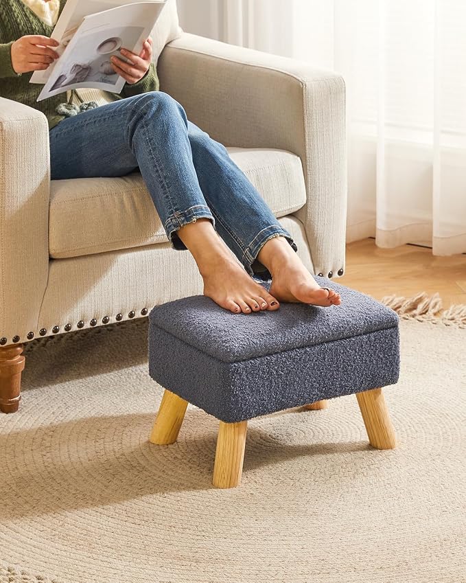 YMYNY Storage Ottoman,Small Foot Stool, 15.75"×11.81"×11.02" Blue,HBD042BU | Teddy Velvet, Sturdy Wood Legs, Foot Rest with Padded Seat, For Living Room Bedroom Couch Entryway
