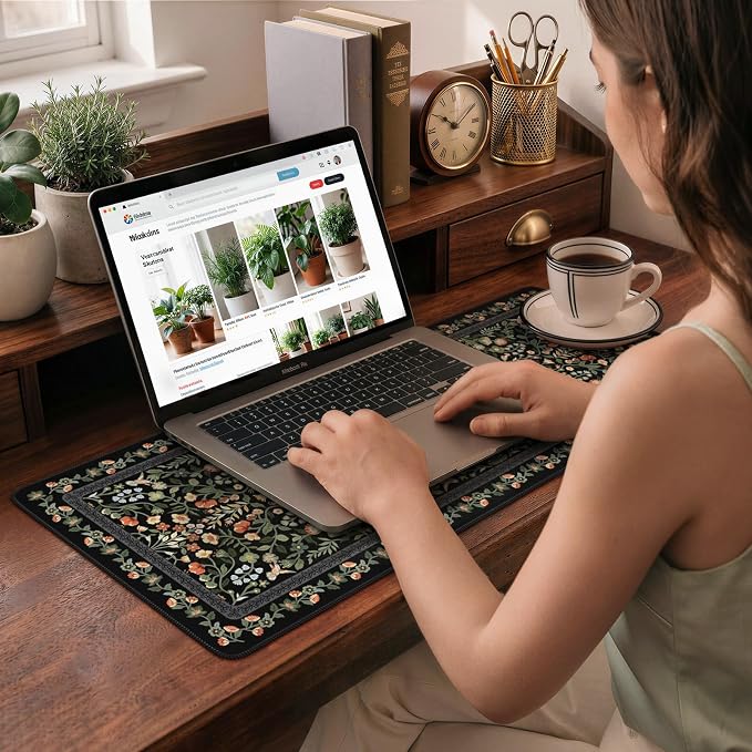 iCasso Aesthetic Floral Desk Mat, L Mouse Pads, Anti-Slip Retro Mousepad with Stitched Edges, Waterproof Computer Pad 11.8"x31.5",Desk Accessories Office Decor for Women(Black)
