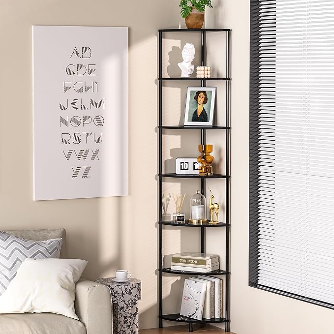 Book Corner Shelf, 7 Tier Corner Bookshelf Display for Living Room Decor, 64.7" Standing Shelf Bookcase Organizer, Marble Black Storage Shelves for Bedroom, Bathroom, Small Space