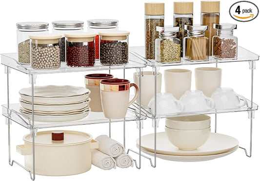 STARLATTA Acrylic Cabinet Organizer Shelf,4 Pcs Stackable Kitchen Counter Shelves,Spice Rack,Countertop Organizers,Clear Plastic Storage Organization for Makeup，Bathroom,Cupboard,Desk,Pantry