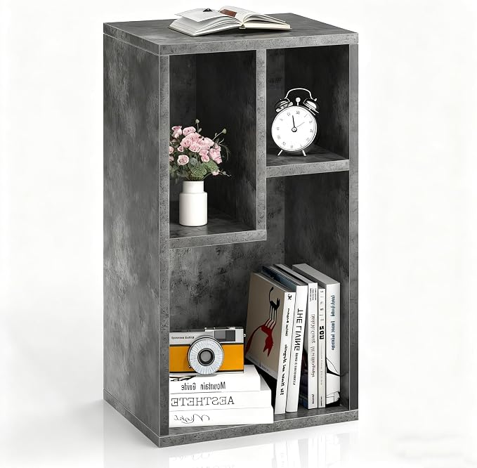 VECELO 11.8" Open Bookshelf, Waterproof Particle Board Asymmetrical Split Cubby Storage Organizer, Gray Uneven Compartment Display Cube for Tall Books, Bedroom Dorm Office