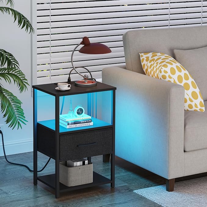 TUTOTAK LED Nightstand Set of 2, Night Stand with Charging Station, End Table, Bedside Table with Fabric Drawer, Side Table for Livingroom and Bedroom, Black TB01BK0692L