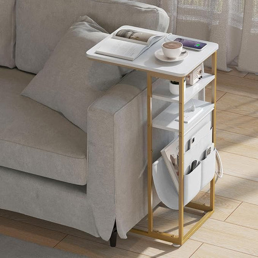 C Shaped End Table with Charging Station, 28"(H) 3-Tier C Table with Storage Bag, Under Couch Table C-Shaped End Table with Storage Shelves and Bag for Living Room, Bedroom, or Office
