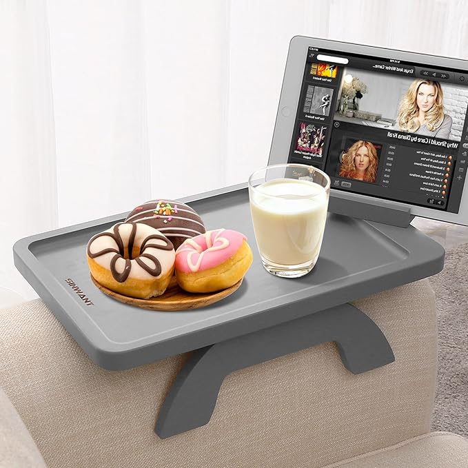 SINWANT Couch Armrest Table,Bamboo Couch Arm Tray with 360° Rotating Phone Holder,Anti Slip Foldable Sofa Arm Tray for Eating Drinking Snacks Remote on Armrest 15.35"x9.85"