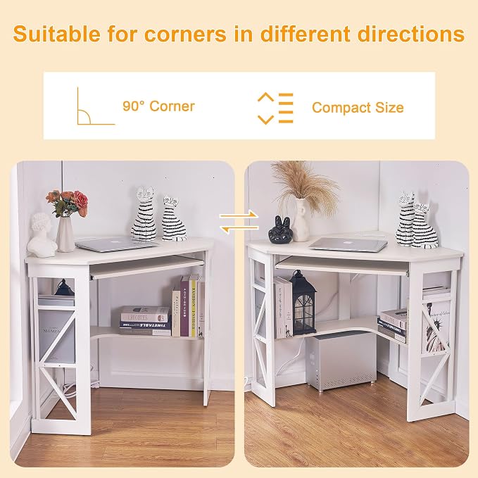 VECELO Corner Computer Desk 41 x 30 inches with Smooth Keyboard & Storage Shelves for Home Office Workstation, White