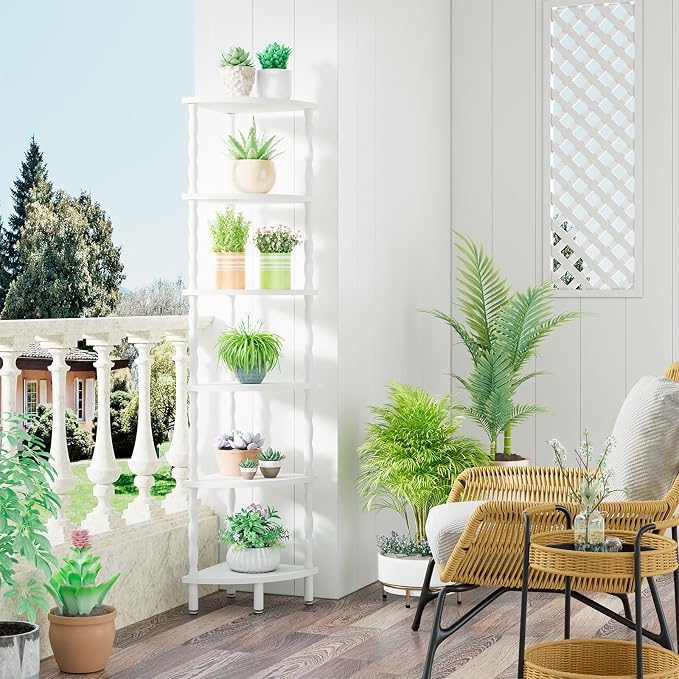 IBUYKE 6-Tier Corner Shelf,Stylish Corner Bookshelf for Small Spaces,Industrial Corner Storage Display Shelves,Small Corner Table for Bedroom,Bathroom,Kitchen, White WBC021W