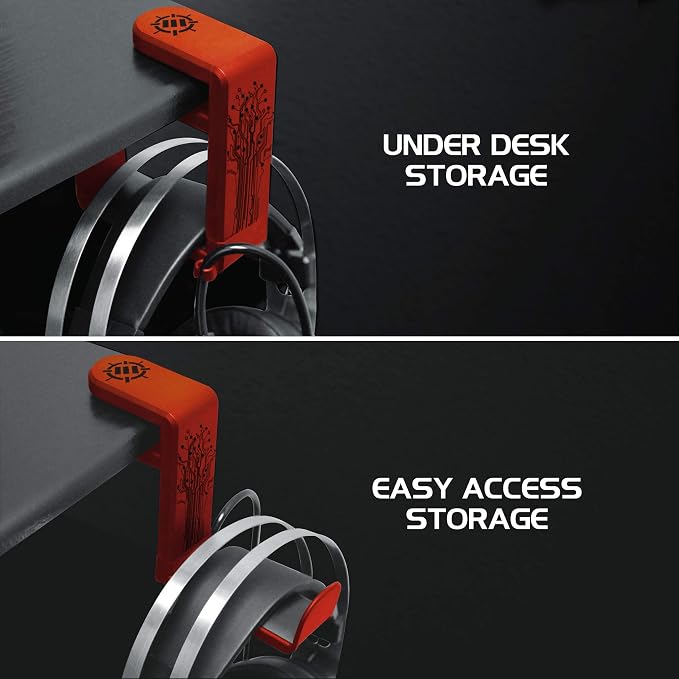 ENHANCE PC Gaming Headphone Holder - Desk Headphone Hanger Esports Headset Holder with Adjustable 360 Rotation, Under Desk Hook Clamp, Universal Fit - Built in Cable Clip Organizer - Red
