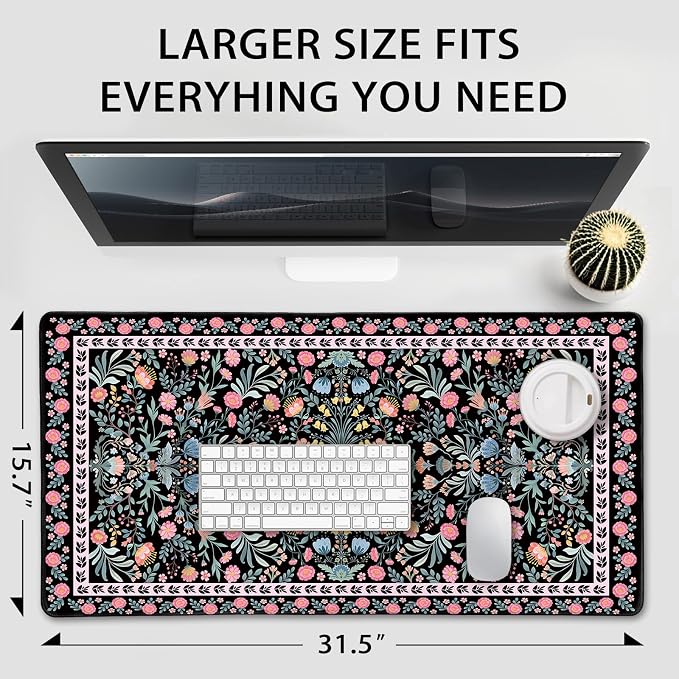 Black Floral Desk Mat, 31.5"x15.7" Large Mouse Pad, Anti-Slip Rubber Base Mousepad, Keyboard Pad with Stitched Edges, Water-Resistant Smooth Desk Blotter, Computer Mat for Home Office Desk