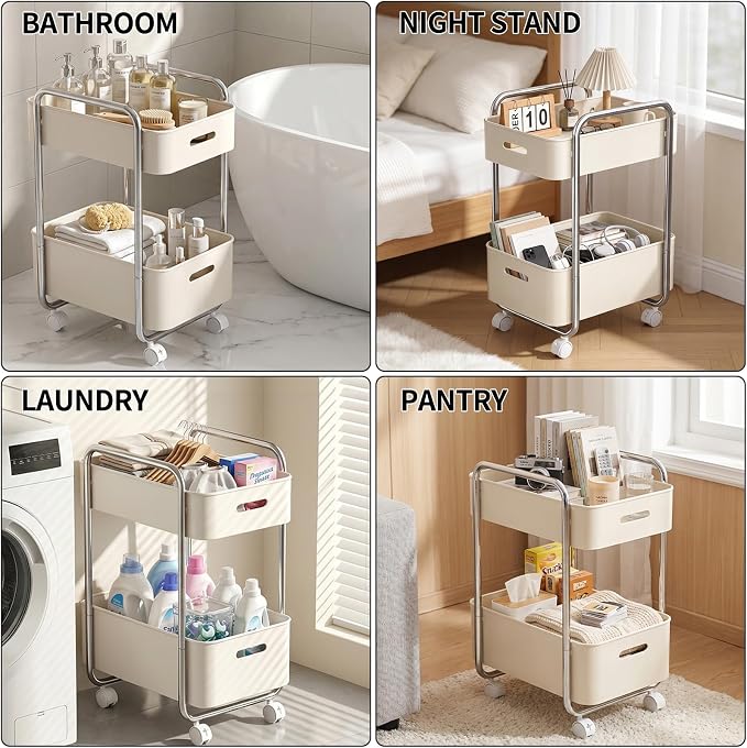 PureBox 2-Tier Metal Rolling Utility Cart with Slide-Out Drawer,Sturdy Solid Board Utility Cart for Under Desk,with Lockable Wheels Mobile Storage Organizer for Office,Living Room,Kitchen,Cream White